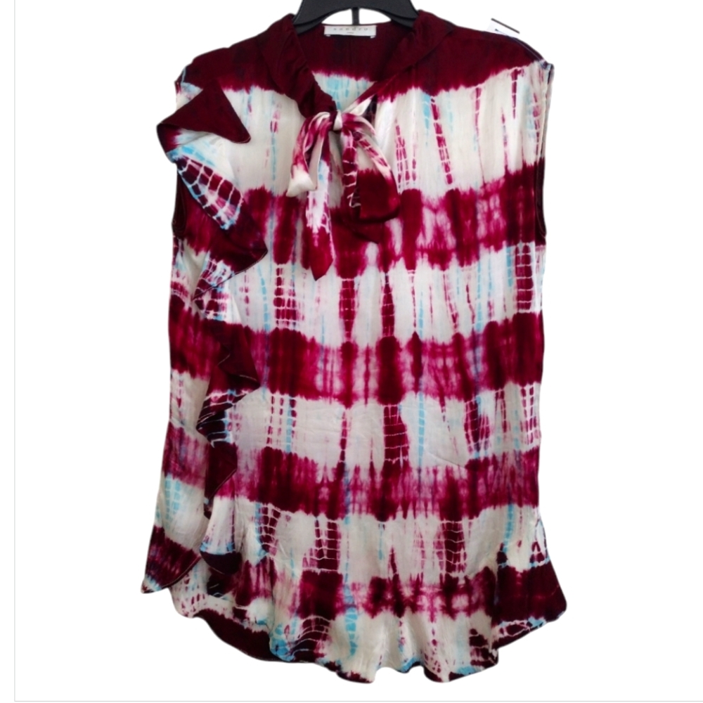 Sandro Paris Tie-Dye Sleeveless Top burgundy white blue 100% silk size US 6